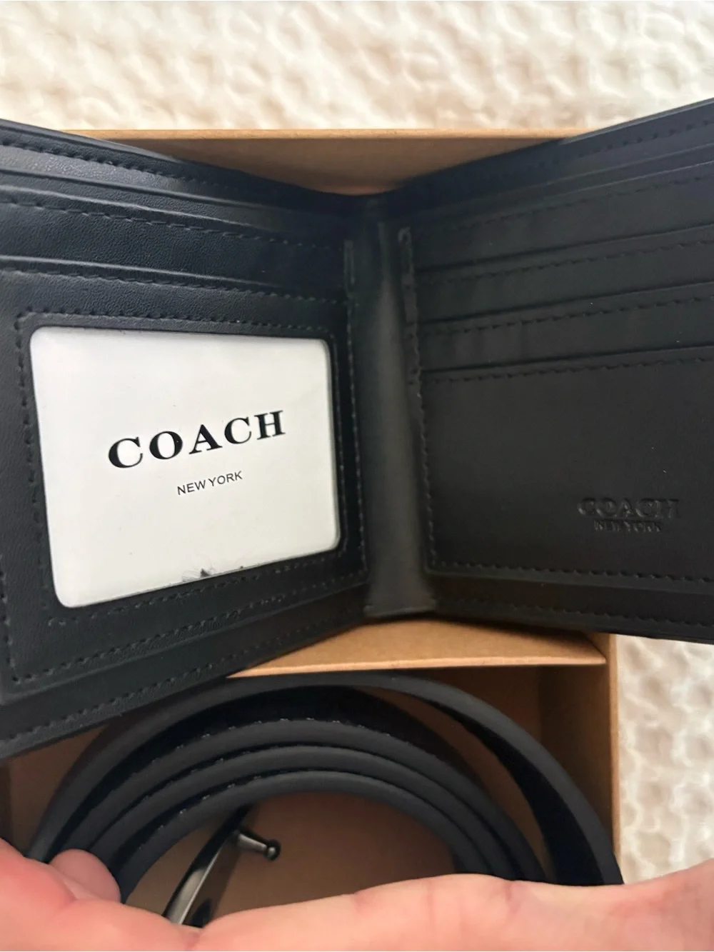 Coach Men’s Black Signature Belt & Navy/White Stripe Wallet Set N/A